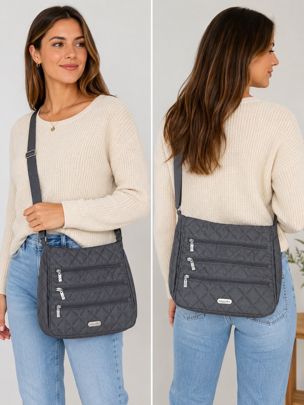 Baggallini Gray Quilted Crossbody Messenger Triple Zip‎ Flap Bag Purse w
Pouch
